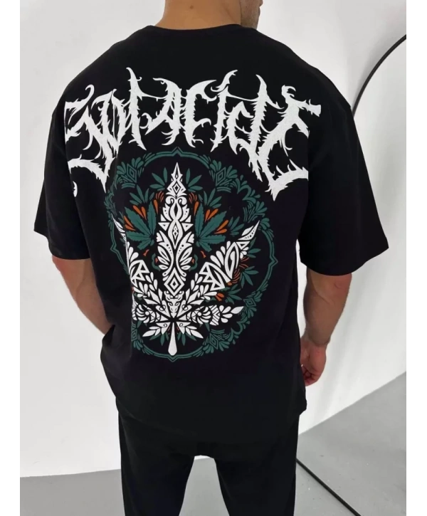 Unisex Bisiklet Yaka Baskılı Oversize T-Shirt - Siyah