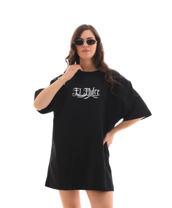 Unisex Bisiklet Yaka Baskılı Oversize T-Shirt - Siyah