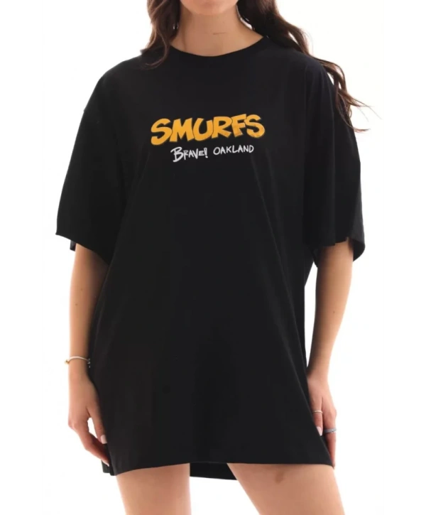 Unisex Bisiklet Yaka Baskılı Oversize T-Shirt - Siyah