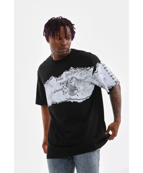 Unisex Bisiklet Yaka Baskılı Oversize T-Shirt - Siyah