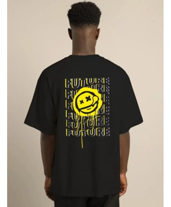 Unisex Bisiklet Yaka Baskılı Oversize T-Shirt - Siyah