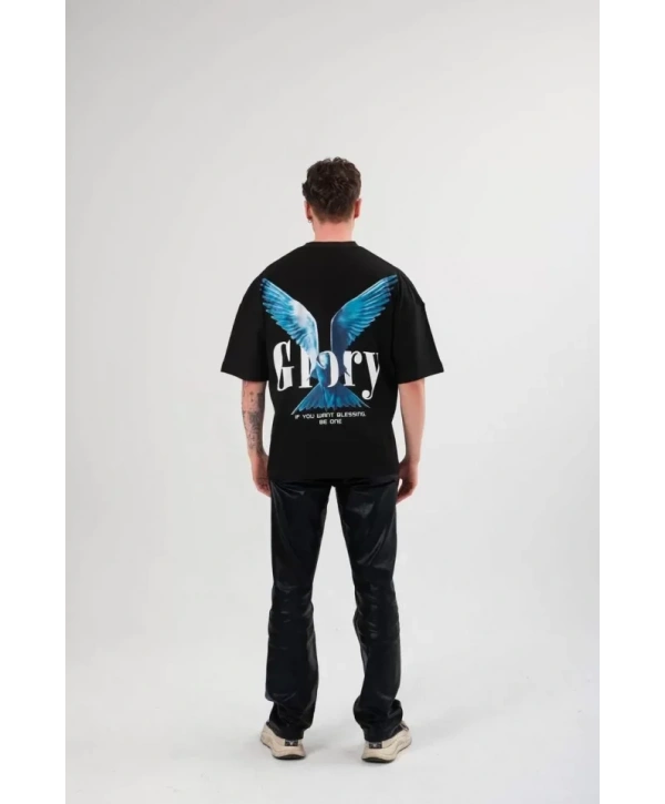 Unisex Bisiklet Yaka Baskılı Oversize T-Shirt - Siyah