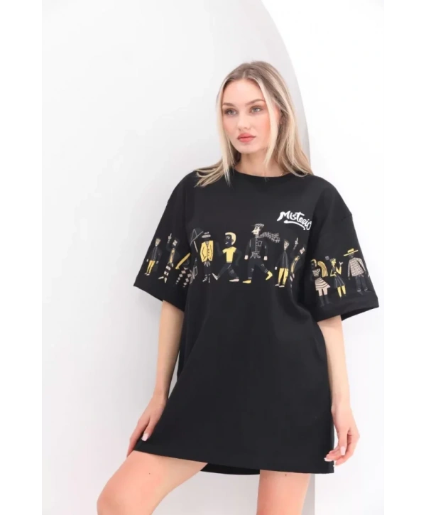 Unisex Bisiklet Yaka Baskılı Oversize T-Shirt - Siyah