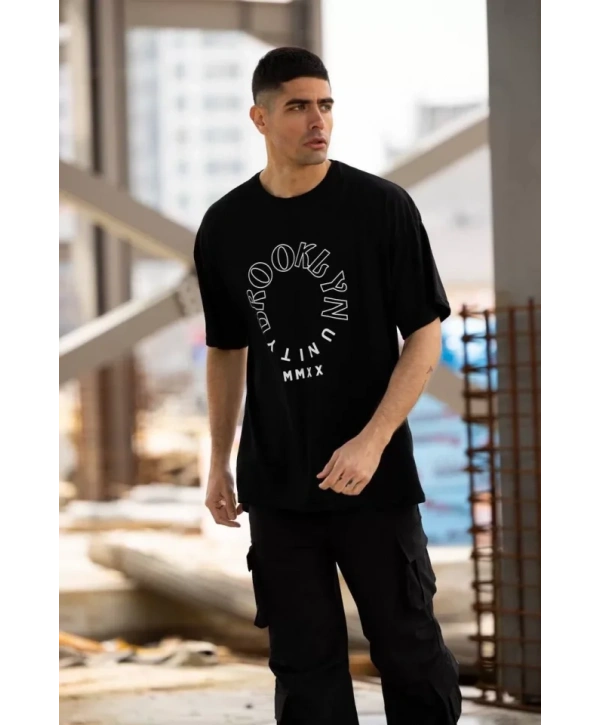 Unisex Bisiklet Yaka Baskılı Oversize T-Shirt - Siyah