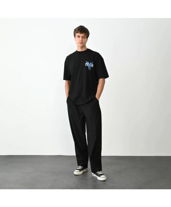 Unisex Bisiklet Yaka Baskılı Oversize T-Shirt - Siyah