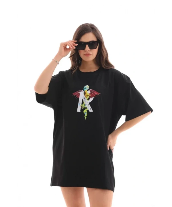 Unisex Bisiklet Yaka Baskılı Oversize T-Shirt - Siyah