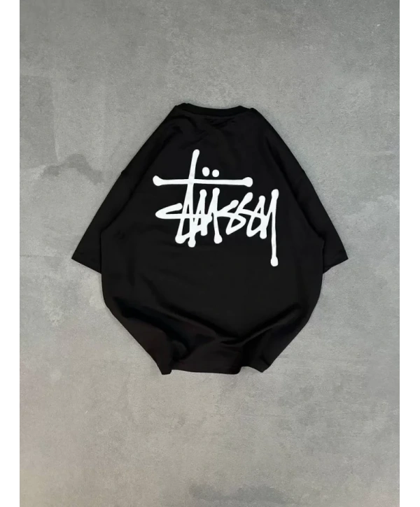 Unisex Bisiklet Yaka Baskılı Oversize T-Shirt - Siyah