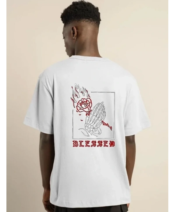 Unisex Bisiklet Yaka Oversize Baskılı T-Shirt - Beyaz