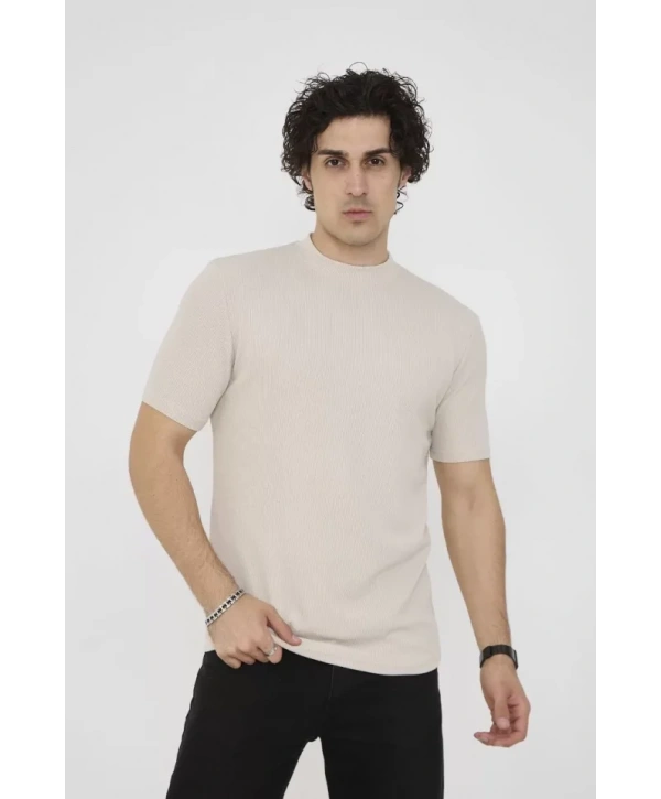 Unisex Bisiklet Yaka Slim Fit T-Shirt- Bej