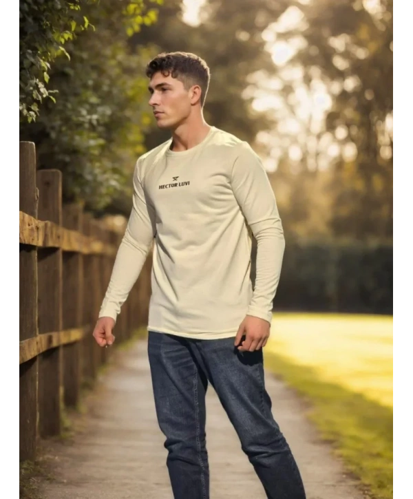 Unisex Bisiklet Yaka Uzun Kollu T-Shirt - Beyaz