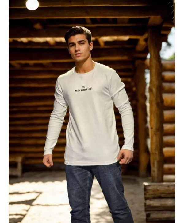 Unisex Bisiklet Yaka Uzun Kollu T-Shirt - Beyaz