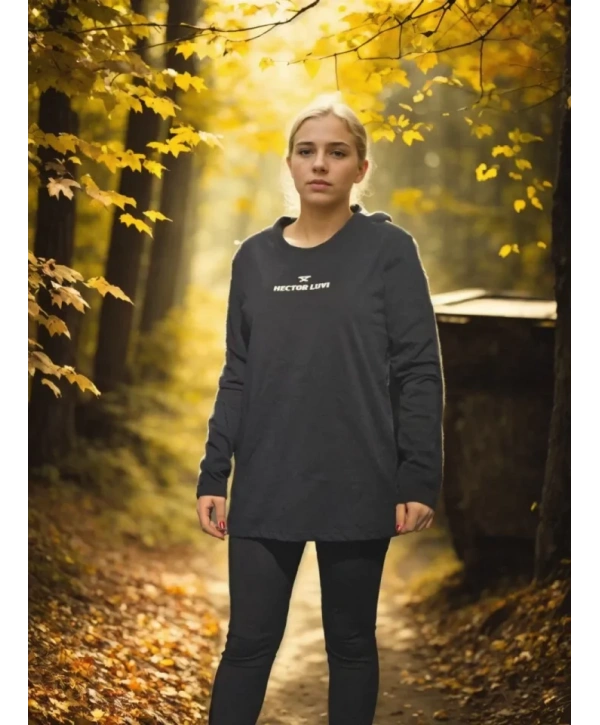 Unisex Bisiklet Yaka Uzun Kollu T-Shirt - Siyah