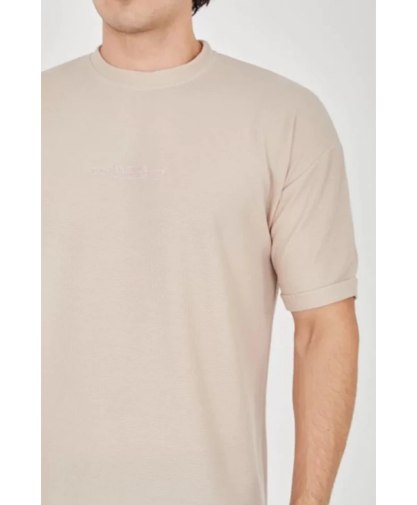 Unisex Jakar Kumaş Rahat Kol T-Shirt - Bej