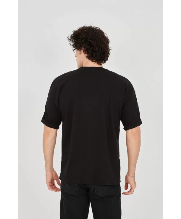 Unisex Jakar Kumaş Rahat Kol T-Shirt - Siyah