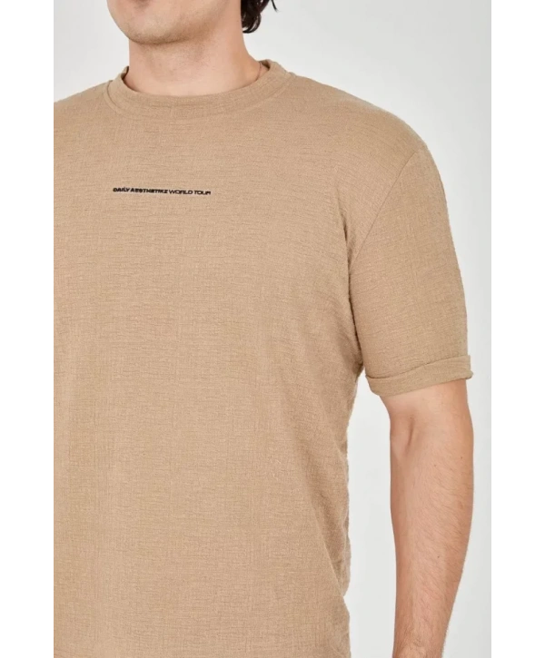 Unisex Jakar Kumaş Slim Fit T-Shirt - Kahverengi