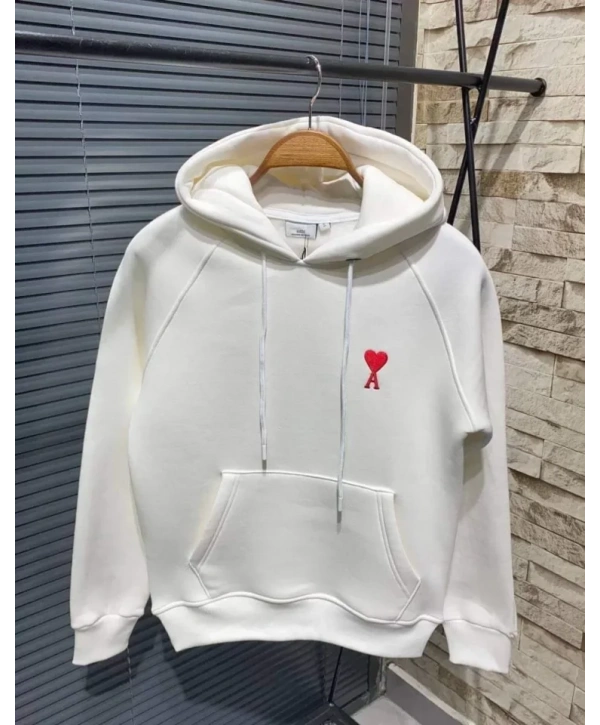 Unisex Kapşonlu Baskılı Sweetshirt - Beyaz