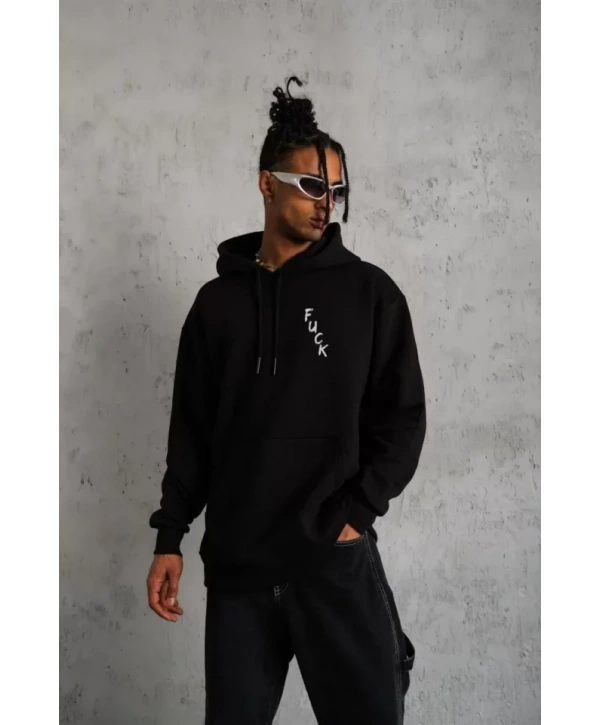 Unisex Kapşonlu Uzun Kol Baskılı Sweetshirt - Siyah