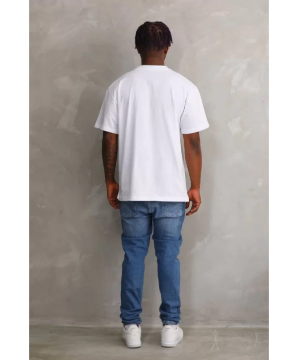 Unisex Kuşgözü Detaylı Baskılı Oversize T-Shirt - Beyaz