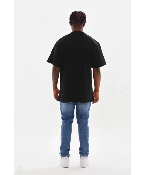 Unisex Kuşgözü Detaylı Baskılı Oversize T-Shirt - Siyah