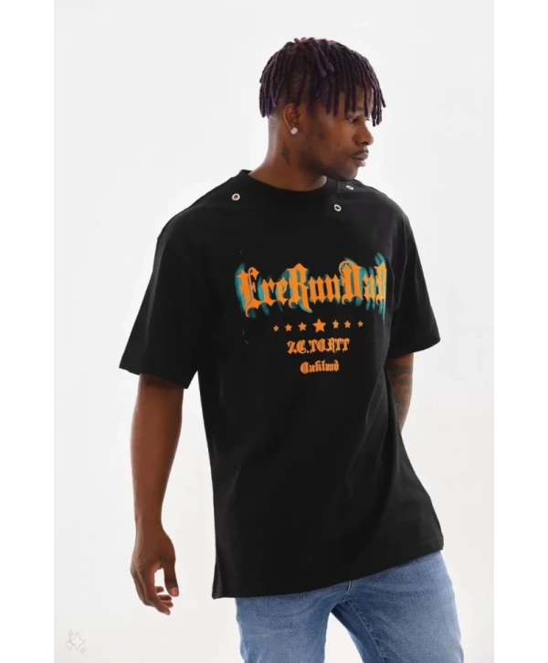 Unisex Kuşgözü Detaylı Baskılı Oversize T-Shirt - Siyah