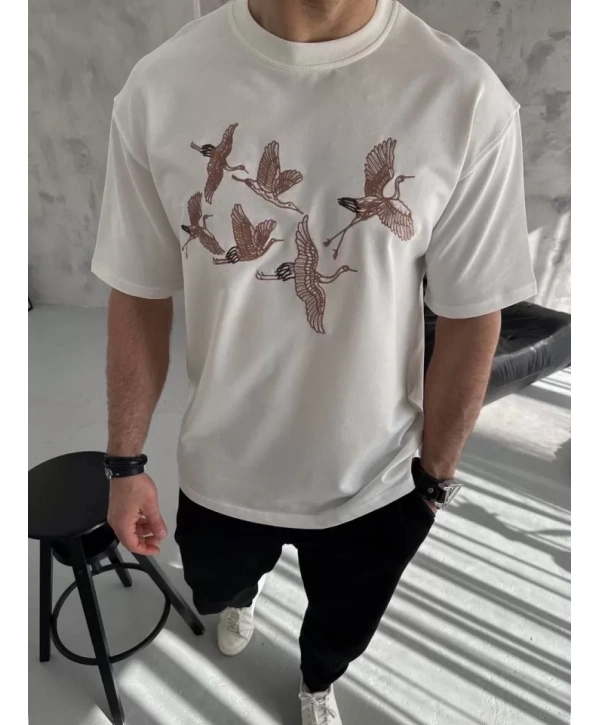 Unisex Nakış İşlemeli T-Shirt - Beyaz