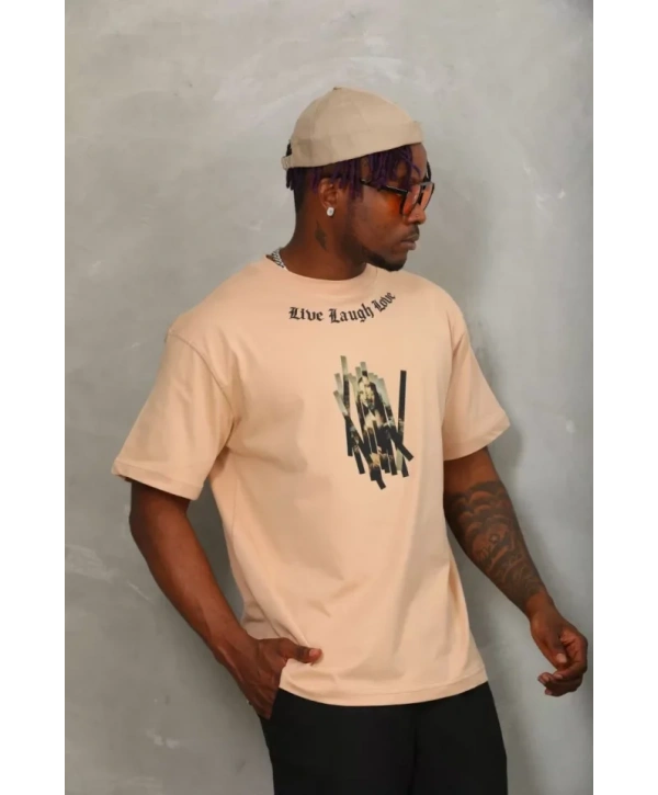 Unisex Oversize Baskılı Bisiklet Yaka T-Shirt - Bej