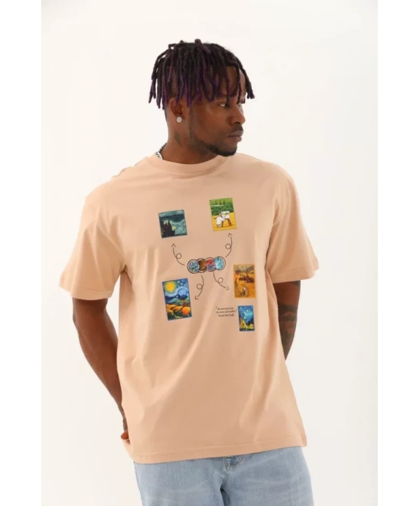 Unisex Oversize Baskılı Bisiklet Yaka T-Shirt - Bej