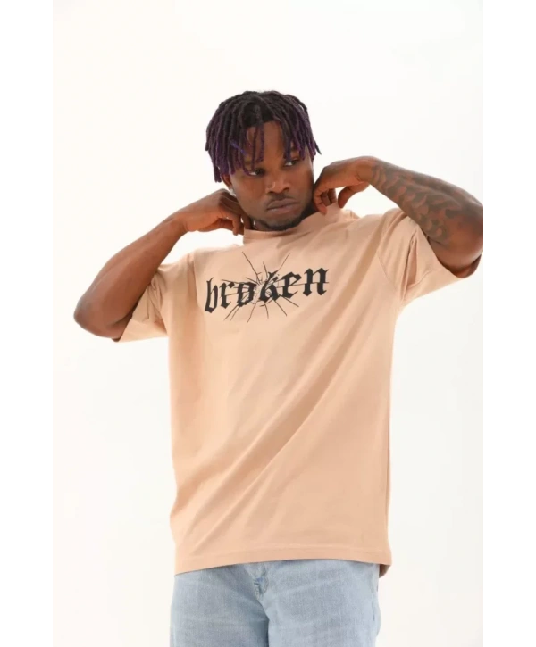 Unisex Oversize Baskılı Bisiklet Yaka T-Shirt - Bej