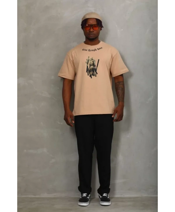 Unisex Oversize Baskılı Bisiklet Yaka T-Shirt - Bej