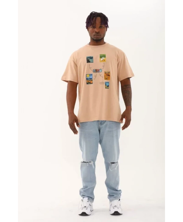 Unisex Oversize Baskılı Bisiklet Yaka T-Shirt - Bej