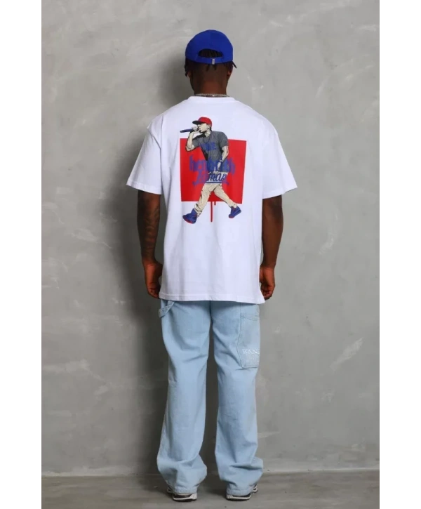 Unisex Oversize Baskılı Bisiklet Yaka T-Shirt - Beyaz