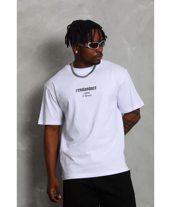 Unisex Oversize Baskılı Bisiklet Yaka T-Shirt - Beyaz