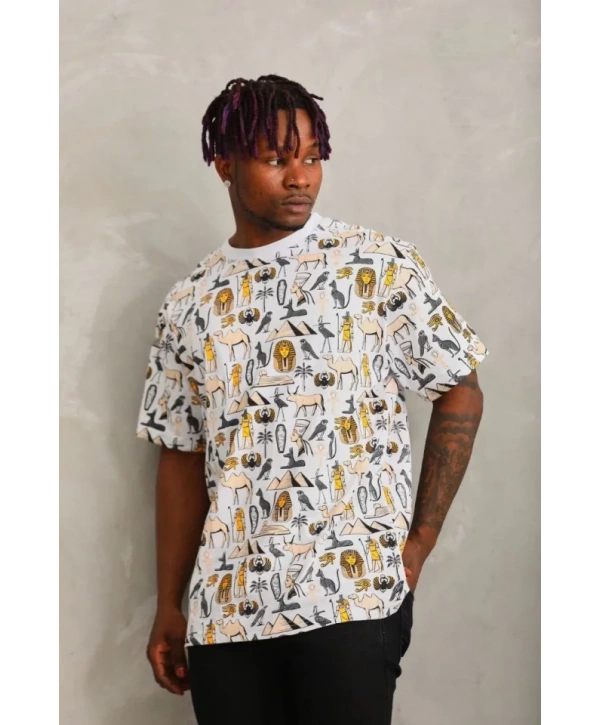 Unisex Oversize Baskılı Bisiklet Yaka T-Shirt - Beyaz