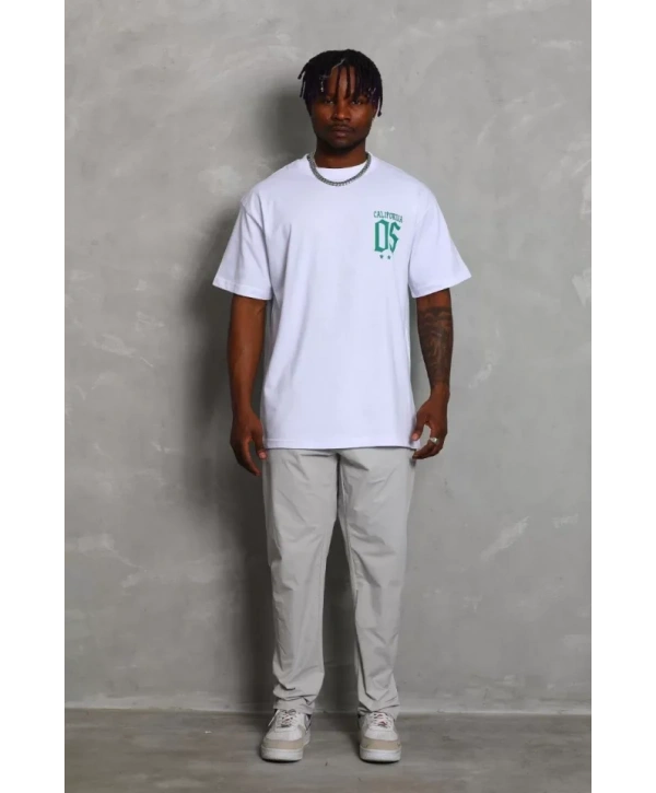 Unisex Oversize Baskılı Bisiklet Yaka T-Shirt - Beyaz