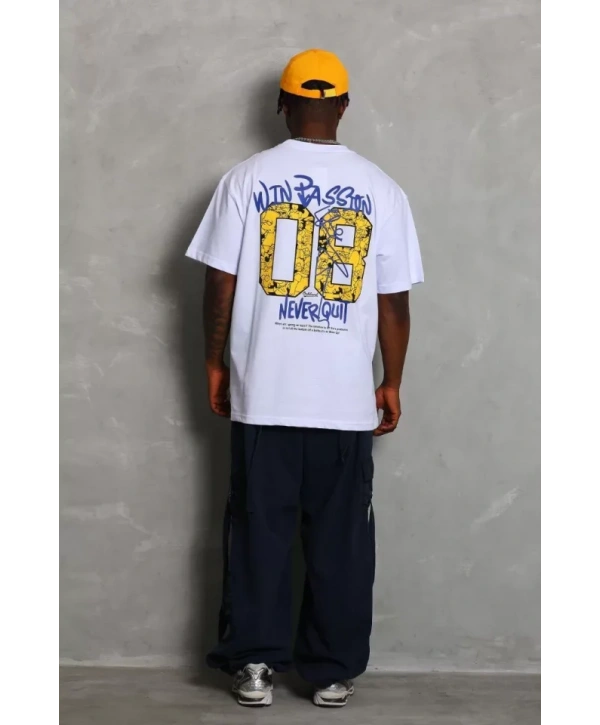 Unisex Oversize Baskılı Bisiklet Yaka T-Shirt - Beyaz