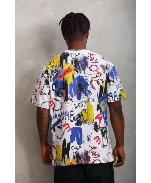 Unisex Oversize Baskılı Bisiklet Yaka T-Shirt - Beyaz