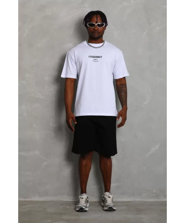 Unisex Oversize Baskılı Bisiklet Yaka T-Shirt - Beyaz