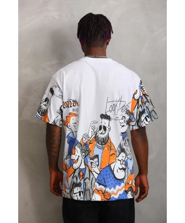 Unisex Oversize Baskılı Bisiklet Yaka T-Shirt - Beyaz