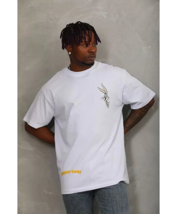 Unisex Oversize Baskılı Bisiklet Yaka T-Shirt - Beyaz