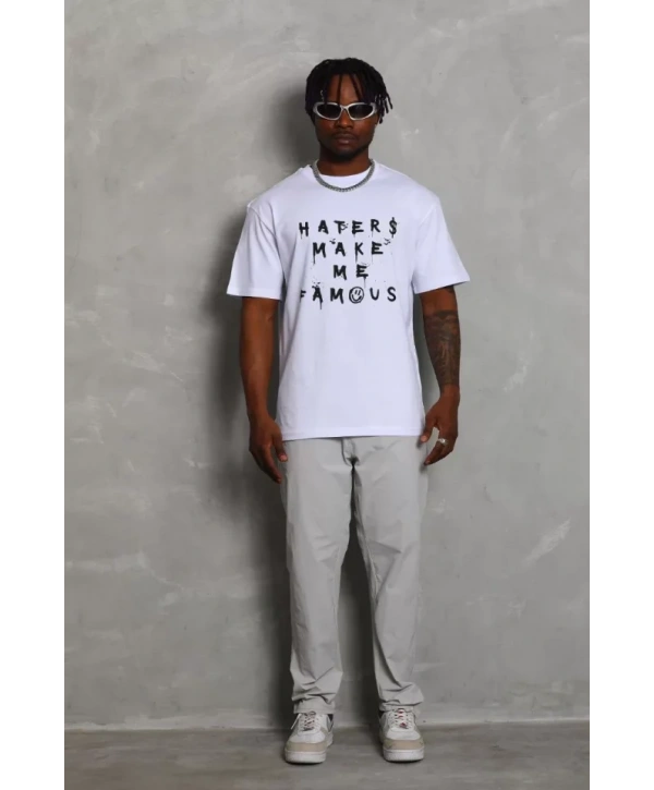 Unisex Oversize Baskılı Bisiklet Yaka T-Shirt - Beyaz