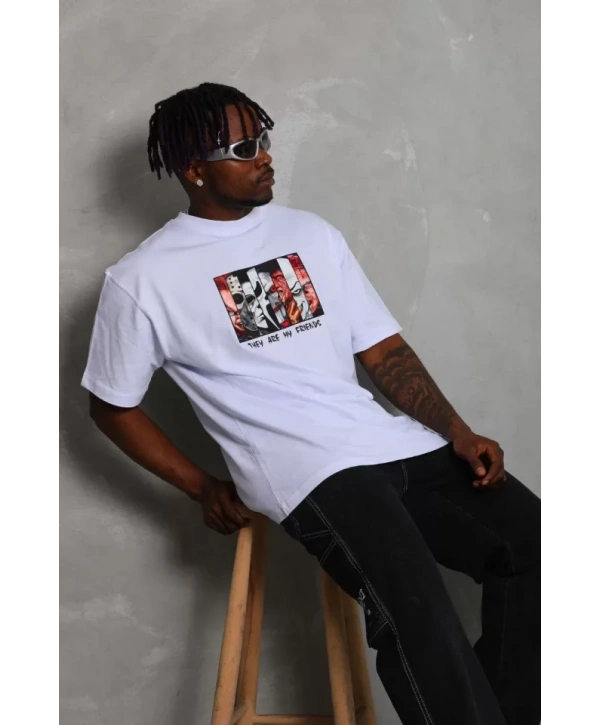 Unisex Oversize Baskılı Bisiklet Yaka T-Shirt - Beyaz