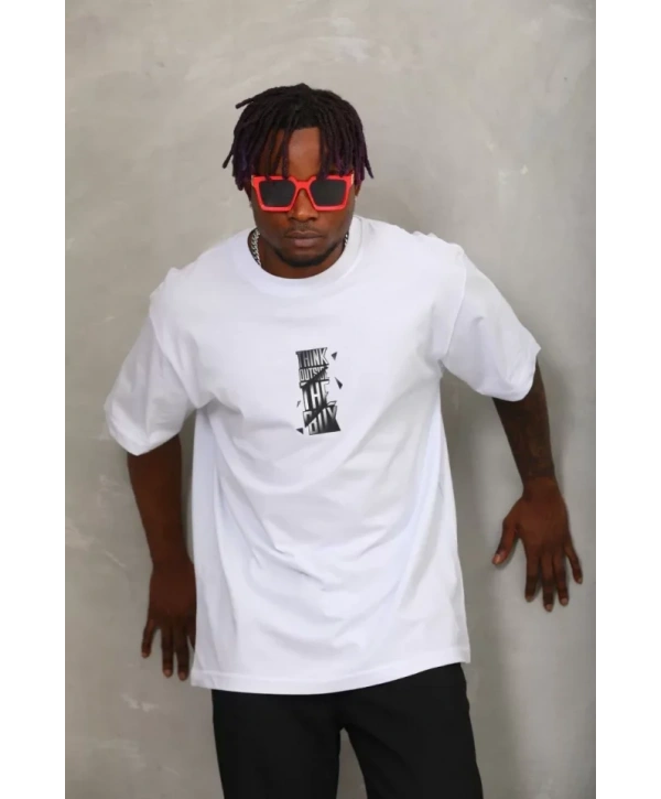 Unisex Oversize Baskılı Bisiklet Yaka T-Shirt - Beyaz