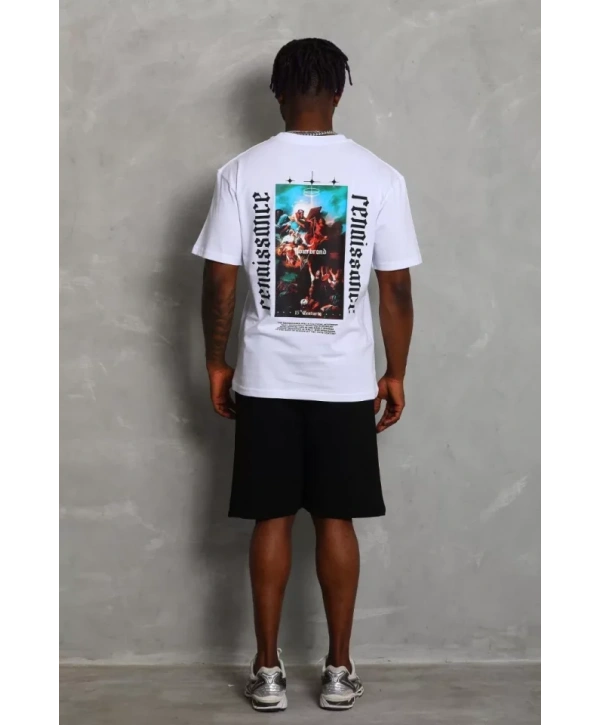 Unisex Oversize Baskılı Bisiklet Yaka T-Shirt - Beyaz