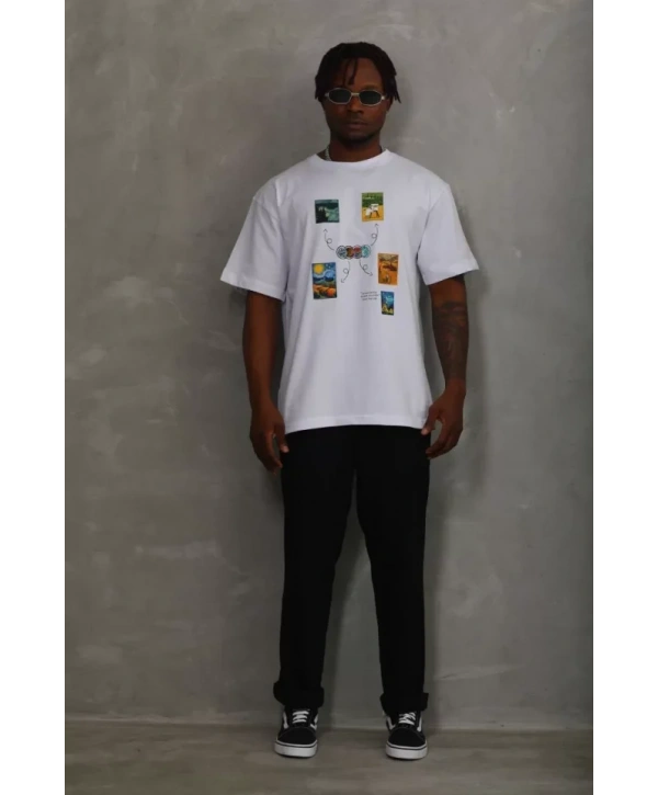 Unisex Oversize Baskılı Bisiklet Yaka T-Shirt - Beyaz