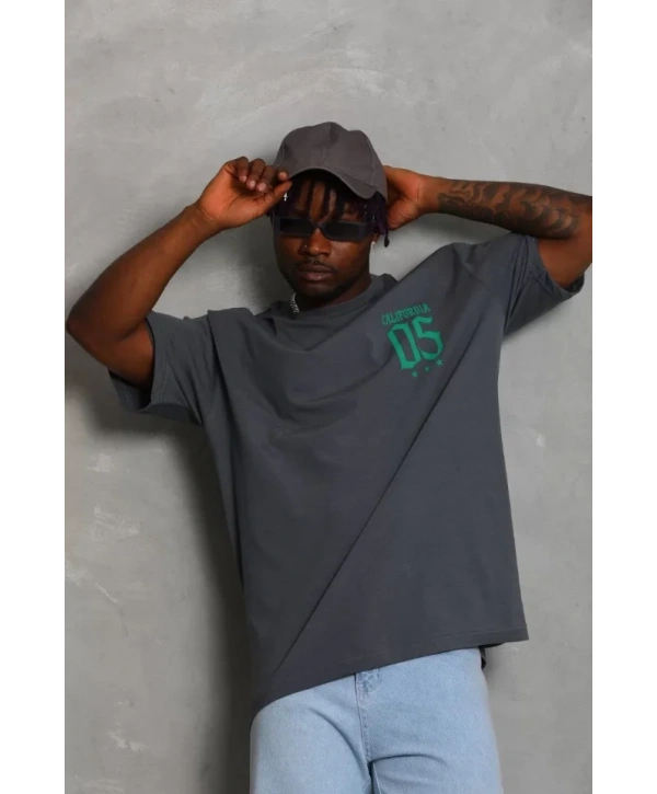 Unisex Oversize Baskılı Bisiklet Yaka T-Shirt - Füme