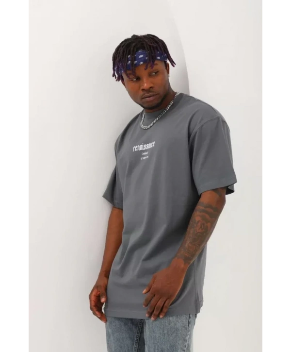 Unisex Oversize Baskılı Bisiklet Yaka T-Shirt - Füme