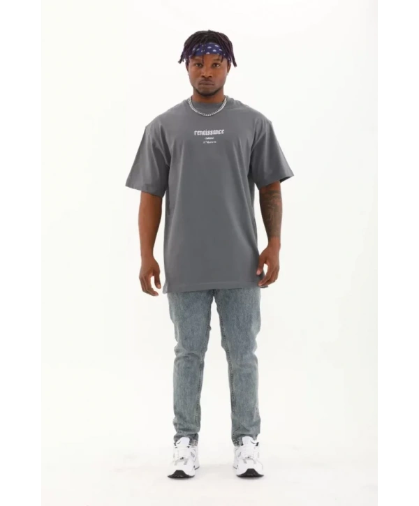 Unisex Oversize Baskılı Bisiklet Yaka T-Shirt - Füme