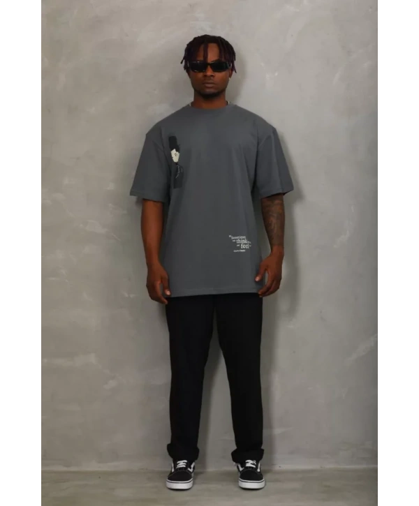 Unisex Oversize Baskılı Bisiklet Yaka T-Shirt - Füme