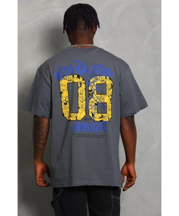 Unisex Oversize Baskılı Bisiklet Yaka T-Shirt - Füme