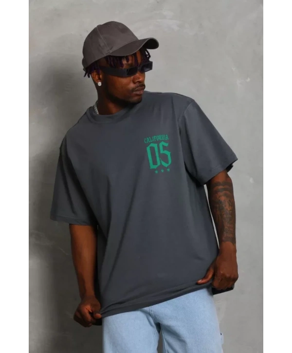 Unisex Oversize Baskılı Bisiklet Yaka T-Shirt - Füme